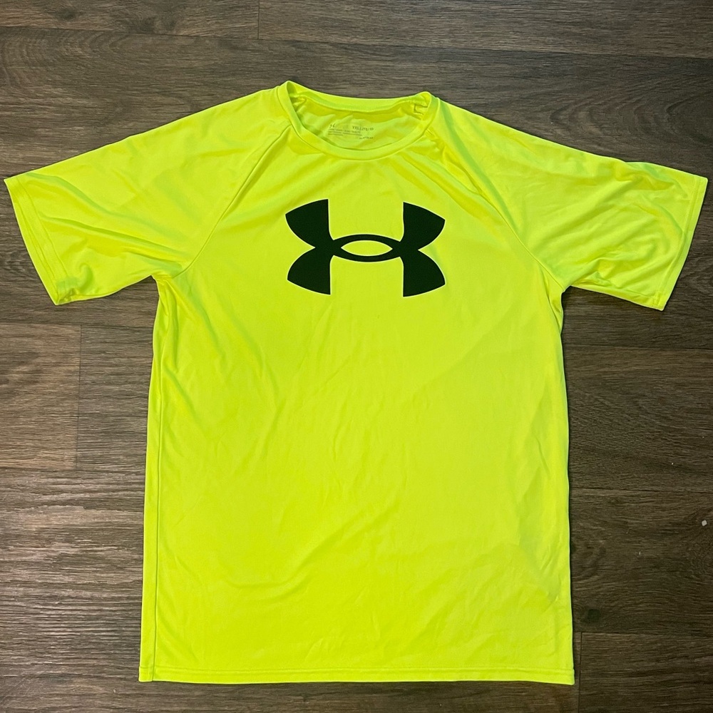 SALE $4/$10 Under Armour HeatGear Big Kids Youth Size XL Neon Yellow T-Shirt EUC